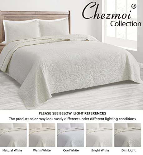 Chezmoi Collection Linden 3-Piece Pre-Washed Cotton Bedspread Coverlet Set - Floral Leaves Embroidered Quilt Set, King Size, Ivory #TOP6