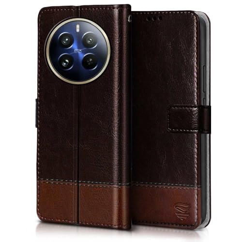Image of Flipped Vegan Leather Flip Case Back Cover for Realme 12 Pro 5G | Realme 12 Pro Plus 5G (Flexible, Shock Proof | Hand Stitched Leather Finish | Card Pockets Wallet & Stand | Coffee with Brown)