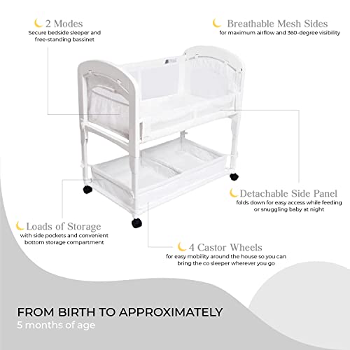 Arm’s Reach Cambria Co-Sleeper Bedside Bassinet Featuring Height-Adjustable Legs, Curved Wooden Ends, Breathable Mesh Sides With Pockets, And Large Lower Storage Basket, White #TOP1