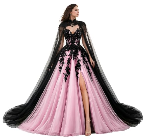 TRHTX Pink Side Slit Wedding Dresses for Bride with Cape 4