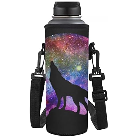 SEANATIVE Wolf Howl Starry Night Print Water Bottle Sling Bag Neoprene Bottle Sleeve with Shoulder Strap for Boys Girls Women Men Cover