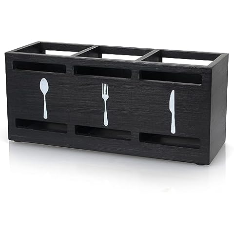 Ayiaren Wooden Silverware Caddies Flatware Cutlery Holder Wood Silverware Organizer Containers Black Kitchen Utensil Holder for Countertop Spoon and Fork Holder Flatware Utensils Caddy for Party Cover