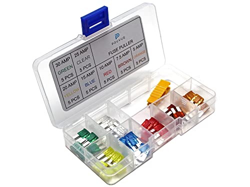 PRUVUE 35pcs Assorted Car Truck Micro2 Blade Fuse Set 5A 7.5A 10A 15A 20A 25A 30A Fuse Assortment Kit for Automotive,Boat,Marine,RV,SUV,Trike