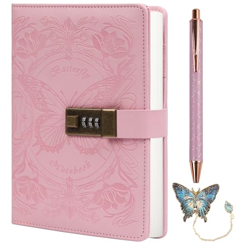 TIEFOSSI Diario con cerradura para mujeres y niñas, diario de rayas con cerradura, cuaderno mariposa con bolígrafo y marcapáginas, diario A5 recargable con cerradura para escribir