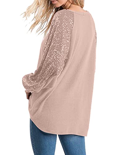 Alltb Women's Sequin Tops Sparkle Long Sleeve Blouses Shimmer Glitter Sweatshirt Party Crewneck Loose Fit Shirts Pink #TOP1