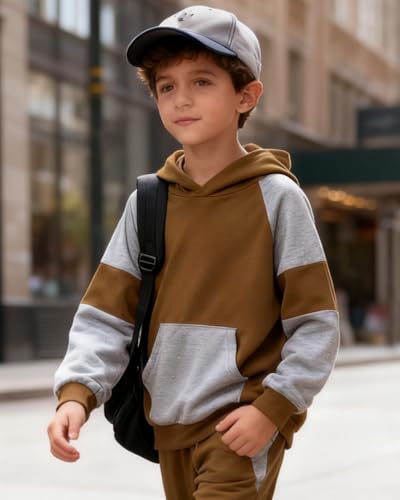 Image of 5-11Y Boys Clothes Long Sleeve Hooded Pullover Colorblock Sweatshirt + Pants 2pcs Fall Winter Outfit Set