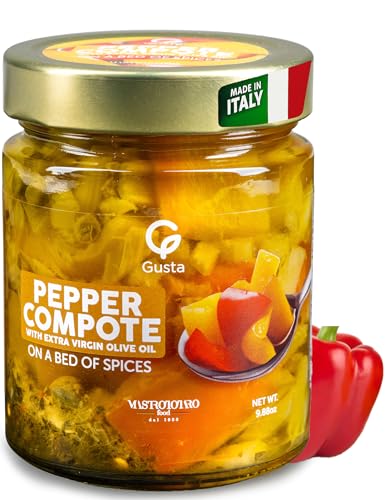 Gusta Pepper Compote in Olive Oil on a Bed of Spices - Made in Italy - Organic Bell Peppers Glass Jar with Extra Virgin Olive Oil - Non-GMO, All Natural - Perfect Snack - 9.88oz Glass Jar