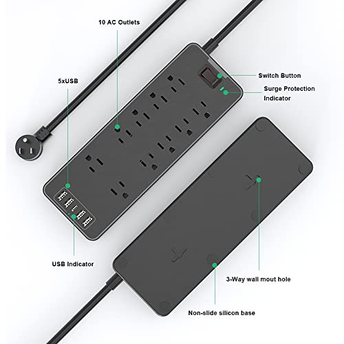 Power Strip With Switch, Hitrends Surge Protector With 10 Outlets, 4 Usb Ports & 1 Usb-C Port, 1875W/15A, Flat Plug, Spaced Outlets With 6 Feet Extension Cord For Home Office, Etl Listed, Black #TOP6