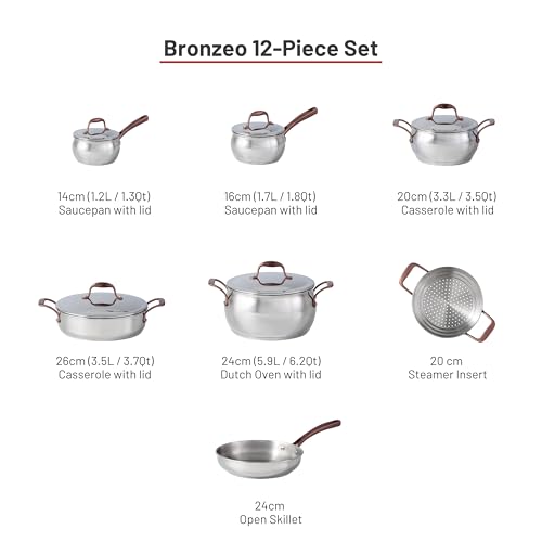 Lagostina Bronzeo Kitchen Pots and Pans Set, Stainless Steel Cookware Set, All Heat Sources, 12-Piece, Silver, Induction Safe, Bronze Riveted Stainless Handles, Oven Safe 400ºF / 204ºC by Lagostina - Image 2