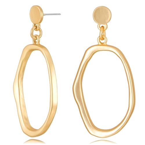 Stud Earrings for Women 14k Gold Plated Geometric Dangle Earrings Lightweight Minimalist Handmade Hammered Texture Oval Disc Drop Double-layer Big Hoop Dangle Earrings for Women
