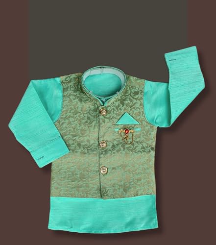 Image of Little Kids Ethnic Wear Kurta Pyjama and Waistcoat Set For Boys | Stylish Ethnic Wear | 3-piece set | Silk and Cotton Blend Fabric