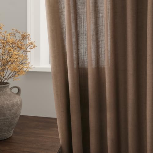 Image of Caramel Brown Linen Curtains 84 Inches Long for Bedroom Back Tab Light Filtering Privacy Semi Sheer Curtains Modern Farmhouse Decor Cotton Textured Curtain for Living Room 2 Panels Set 52x84 Inch