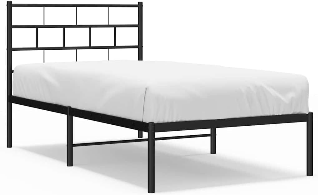 Metal Bed Frame Black Steel Single Size 39.4 x 74.8 in Durable Platform Foundation with Slatted Sturdy Design Headboard for Modern Bedroom Storage and Mattress Support