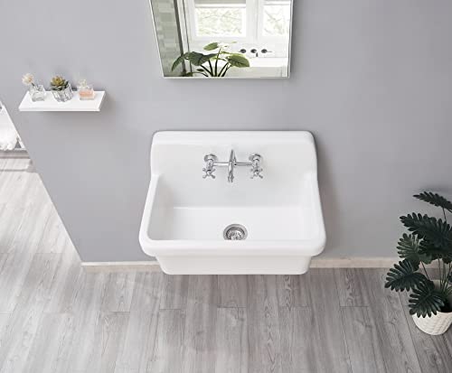 Ellai 30 Inch White Wall Mount Utility Sink High Back Wall Mounted Ceramic Laundry Tub 15 Gallon Slop Sink For Laundry Room, Garage, Kitchen, Basement 30" X 19" X 18" #TOP5
