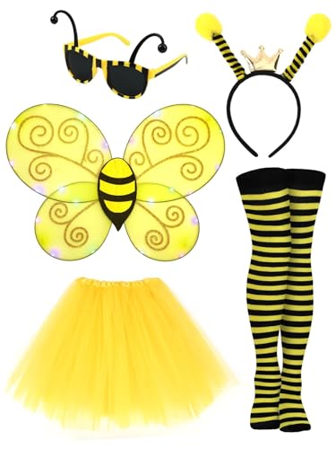 BOARDFEB 5 Pcs Bee Costume Accessories Bee Costume with Wings Antenna Headband Galsses Yellow Tutu Striped High Leg Warmers for Halloween Cosplay Party for Women Girls