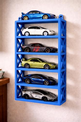 Image of 6-Car Display Rack - Premium Matte Black Tabletop Organizer with Tire Slots & Side Guards for 1:64 Scale Diecast Cars (Hot Wheels, Matchbox, Tomica,)(NO CAR INCLUDED) (Blue)