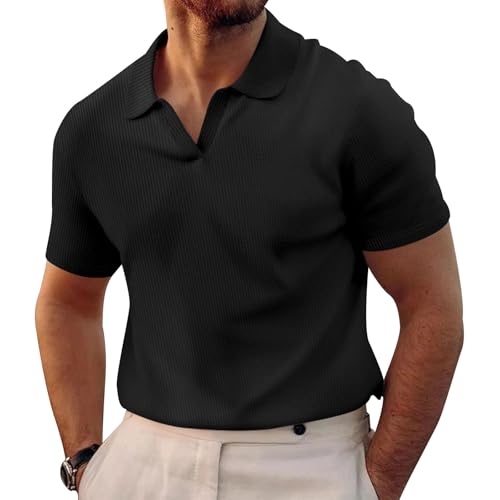Polo Shirts for Men V Neck Pullover Waffle Casual Hippie Stretch Short Sleeve Business Summer Beach Workout Tops