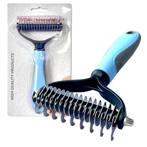 Pet Grooming Brush,Pet hair Removal Tool,Dematting and Deshedding Brush for Dogs or Cats,Double Sided Hair Shedding Comb,Pet Brush and Knotting Comb (Blue)