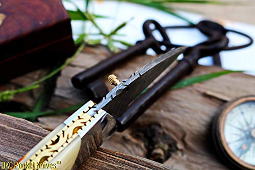 Dkc Knives Dkc-969-Ds Zomura Damascus Steel Blade Folding Knife Etched Bone Handle Folding Pocket Knife 4.5" Folded 7.5" Long 7.25 Oz 3.25" Blade #TOP7