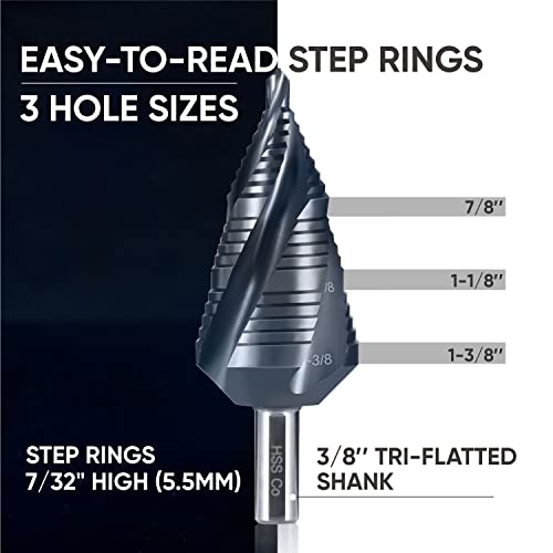 Toolant Four Spiral Flute Cobalt Step Drill Bit(Pro Max), 3/16" - 1-3/8"(19 Step Size) Unibit Step Drill Bit, 3/8" Shank Step Bit For Metal, Stainless Steel, Aluminum, Wood, Plastic #TOP5