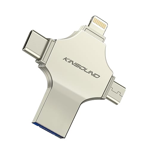 Image of Kinsound 64GB Flash Drive USB 3.0, 4 in 1 Pendrive with Light-ning, Micro USB, USB A for iOS & Android Compatible with Phone, Pad, Android, PC and More Devices