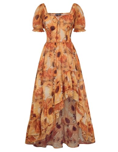 SCARLET DARKNESS Sommerkleid Damen Viktorianisches A-Linie Blumenkleid Puffärmel Kurzarm mit Rüschen Corsagenkleid Gelb und Sonnenblumen XL 4