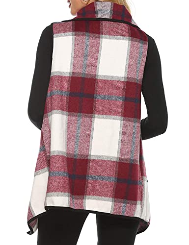 Women Buffalo Plaid Sleeveless Vest Lapel Draped Open Front Cardigan Jacket With Pockets Wine S #TOP1