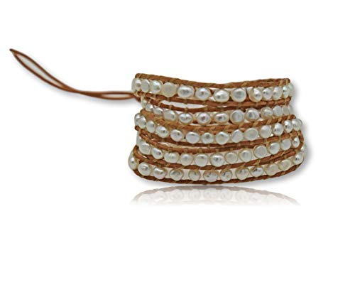 Mgr My Gems Rock! Cultured Fresh Water Pearl Beaded On Genuine Leather Boho Style Leather Wrap Bracelet Super Wrap Bracelet 35" Long, Up To 5 Wraps-White Cultured Fresh Water Pearl And Beige Leather. #TOP19