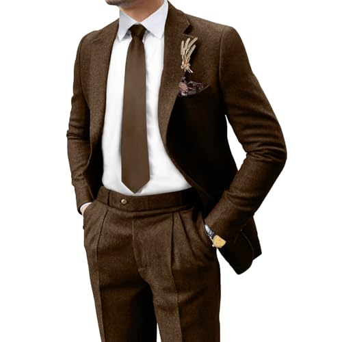 Retro Tweed Mens Suit Herringbone Slim Fit 2 Buttons Men's Jackets Sets Prom Wedding Jacket Blazer Pants Groom Tuxedo Set