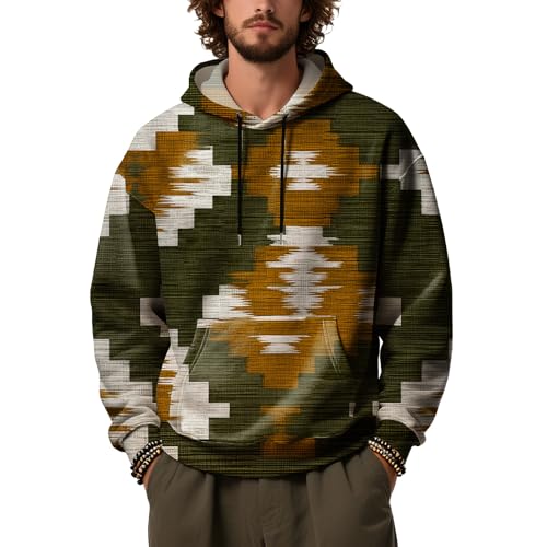 Mens Graphic Hoodies Casual Oversized Western Camo Aztec Print Hooded Sweatshirts Fall Tie-dye Outdoor Tops with Pocket