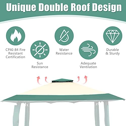 TANGZON 4 x 4m Pop up Outdoor Gazebo, 3-level Height Adjustable Wedding Camping Party Canopy Tent with Double Roof & Carry Bag, Foldable Waterproof Marquee Patio Garden Shelter Pavilion (Green+Beige)