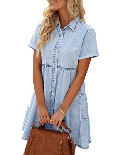 Robe en Jean T-Shirt de Sport Décontracté pour Femme Robe Boutonnée en Jean Manches Courtes Vintage Quotidien Décontracté Vacances S-XL (Bleu Clair, XL) Cover