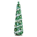 5FT Pop Up Christmas Tree with 90 LED Lights, Collapsible Artificial Pencil Christmas Tree, Tinsel Skinny Christmas Trees for Home Apartment Porch Indoor Outdoor Holiday Decorations