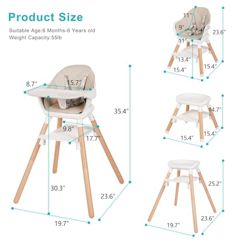 Image of High Chair, 6 in 1 Wooden Convertible High Chairs for Babies and Toddlers, Booster Seat with Double Tray & Reversible Footrest Baby Highchair, 5-Point Harness Baby Feeding Chair, Beige