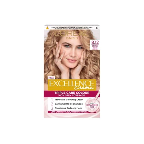 L'Oréal Excellence Créme 8.12 Natural Frosted Beige Blonde: 100% Grey Coverage, Hyaluronic Acid for 10x Nourished, 2x Shinier Hair. Achieve a cool, luminous frosted beige blonde.