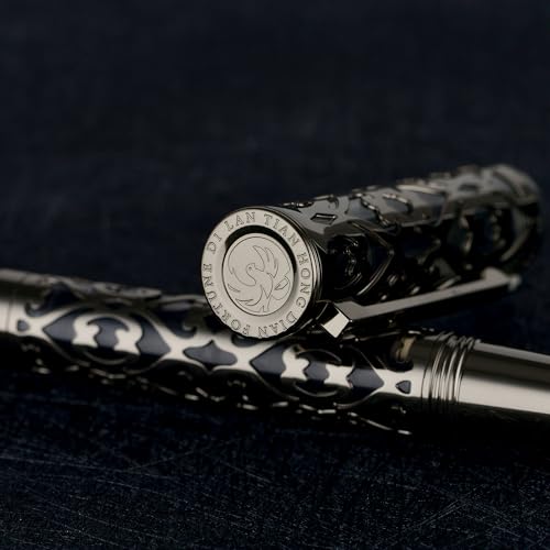 Image of Hongdian D1 Piston Fountain Pen Extra Fine Soft Nib, Jet Black Hollow Skeleton & Resin Pen with Metal Case Set