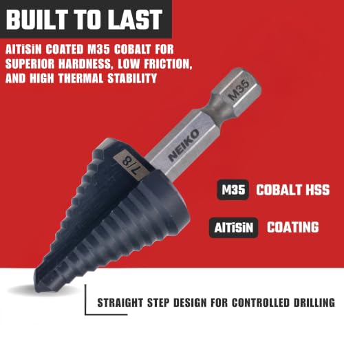 Image of NEIKO 10620B Step Drill Bit, 1 Step 7 /8 inch Straight M35 Cobalt, AlTiSiN Coated, 1 /4 inch Quick Change Step Bits for Steel, Metal, Wood, Plastic, Unibit Cone Drill Bits, Two Flute