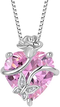 FJ Heart Birthstone Necklace for Women 925 Sterling Silver Butterfly with Rose Flower Jewellery Gifts for Women Mom Wife Girls Her