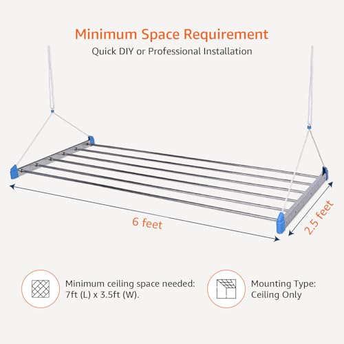 Image of Amazon Basics Stainless Steel Ceiling Cloth Dryer (Economy Model, Blue) - 6 Pipes x 6 Feet with UV-Protected Ropes & Pulley - Space-Saving Drying Stand for Balcony
