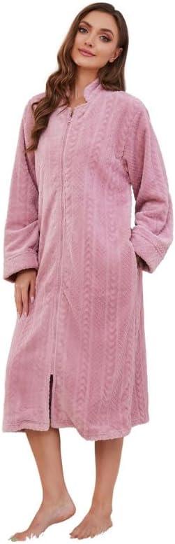 LYCY Women Plush Zipper Robe, Long Fleece House Coat Nightgown with Pockets Solid Bathrobe