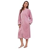 LYCY Women Plush Zipper Robe, Long Fleece House Coat Nightgown with Pockets Solid Bathrobe（Light pink, L/XL）