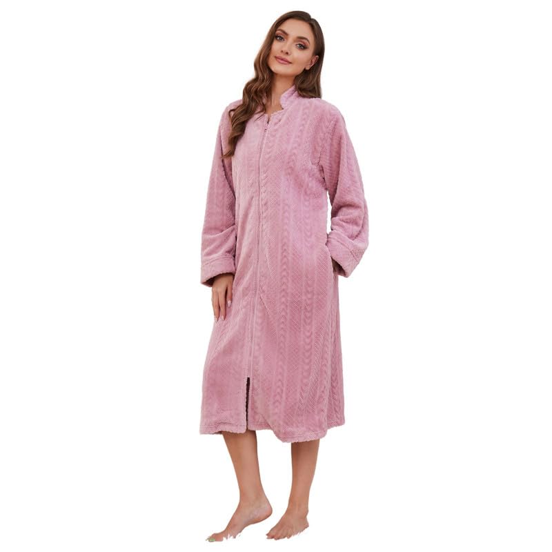 LYCY Women Plush Zipper Robe, Long Fleece House Coat Nightgown with Pockets Solid Bathrobe
