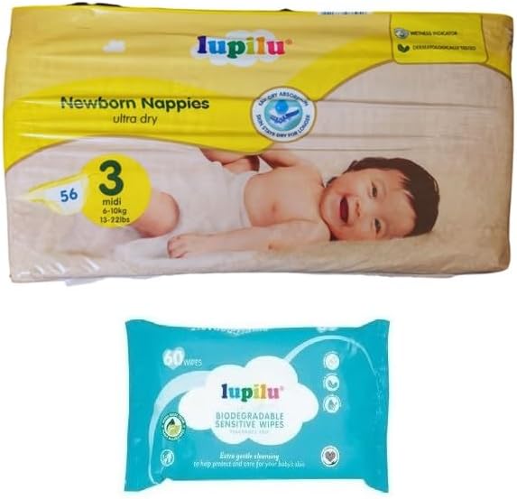 Size 3 Midi Nappies 56 Pack + 60 Fragrance Free Baby Wipes
