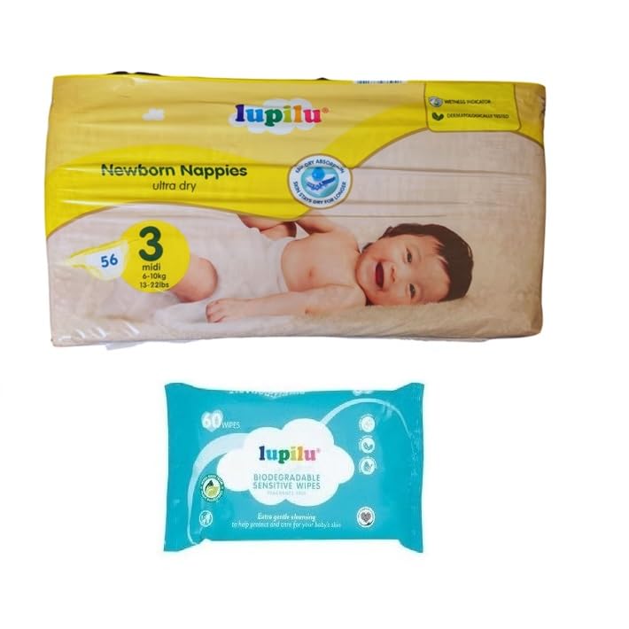 Lupilu Size 3 Midi Nappies 56 Pack + 60 Fragrance Free Baby Wipes