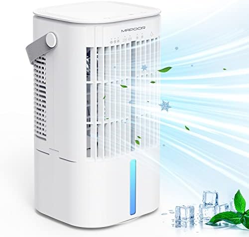 MAPOOR 4-IN-1 Portable Air Conditioners, 90° Oscillation Evaporative Cooler Fan with 3 Speeds 7 Colors, 900ML 2 Timer Mist, Mini Conditioner for Room Car Camping, white, (YP2306)