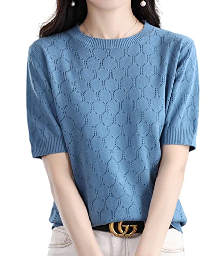 Image of Summer Hollow Out T-Shirt Women's Short Sleeve Sweater Cotton Knitted O-Neck Lightweight Pointelle Breathable Tops