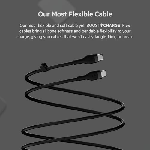 Image of Belkin BoostCharge Flex Silicone USB-C to USB-C Charging Cable (2M /6.6FT) for iPhone 16, iPhone 16 Pro, Galaxy S25, S24, Pixel 9 & 8, Nintendo Switch 2 & More with Cable Clip - Black & White (2-Pack)