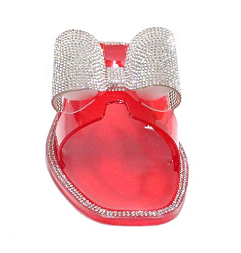 H2K Women's Glitter Ribbon Open Toe Bling Jewel Stone Slide Comfort Sandals Shoes Lucia (Red, 7) #TOP1