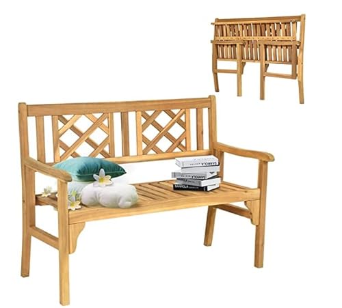 GOPLUS Banco para Jardín, Banco Plegable Exterior para 2 Personas, con Respaldo y Reposabrazos Ergonómicos, Diseño de Listones, Madera Maciza, 120 x 56 x 90 cm, Natural