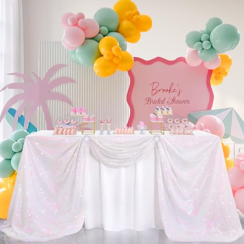 Image of B-COOL White Iridescent Sequin Tablecloth Mermaid Table Cloth Overlays Rectangle Sequins Table Linen Seamless Rectangle Tablecloth for Wedding Parties Birthday 60x102inch
